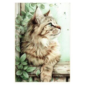 Cat Art Card Print Green Foliage Rustic Frame Design Blank Postcard Frameable